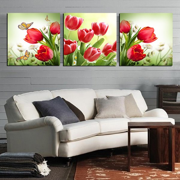Wunderschöner 3-teiliger Kunstdruck auf Leinwand mit rotem Tulpenbündel