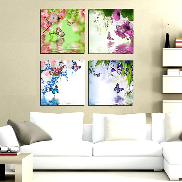Fabulous Colorful Flowers and Butterfly 4-Panel Canvas Wall Art Prints