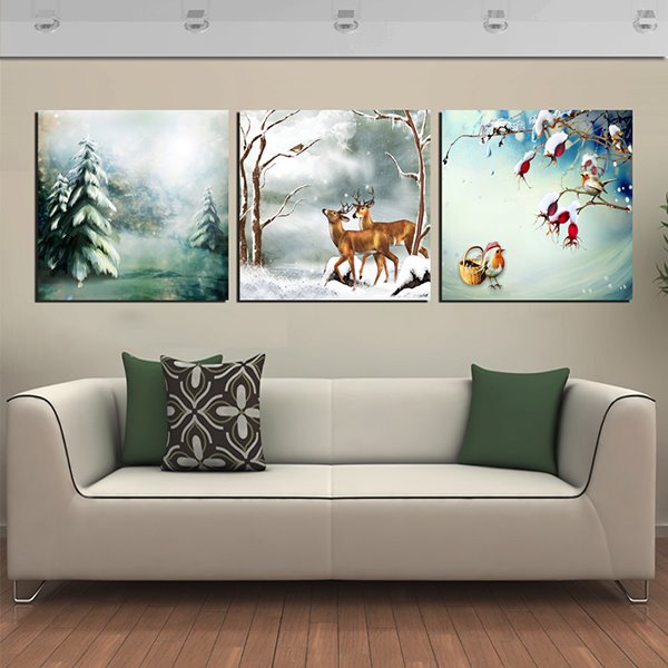 Festival de bosque nevado y ciervos, lienzo de 3 paneles, impresiones artísticas para pared