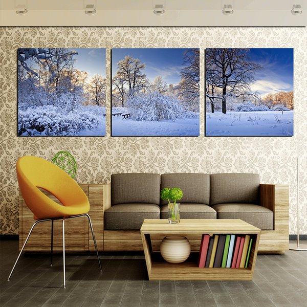 3-teiliger Kunstdruck auf Leinwand mit verschneiten Winternächten im Wald