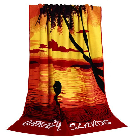 Edles Fashion-Badetuch mit Aufdruck „Kokosnussbaum im Sonnenuntergang“. 