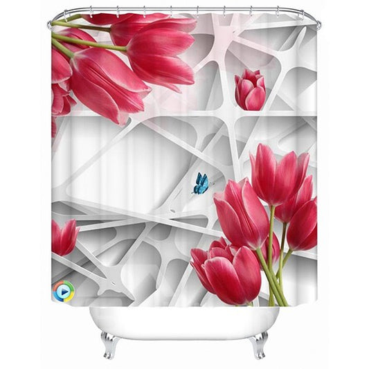 Cortina de ducha 3D con rejilla de diseño creativo y rosa roja