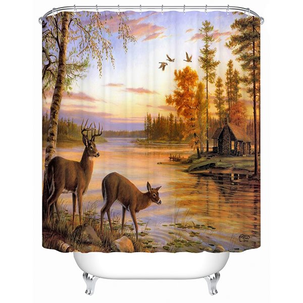 3D Deer Beside River Printed Polyester Bathroom Shower Curtain