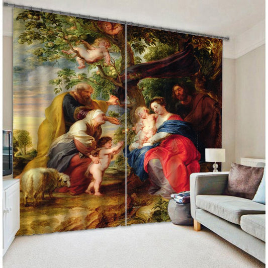 3D People with Apple Tree Printed Oil Painting 2 Panels Custom Blackout Curtain