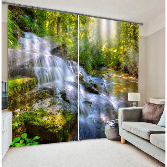 Maravillosa cascada 3D y piedras con paisaje natural impreso soleado Cortina de sala de estar personalizada
