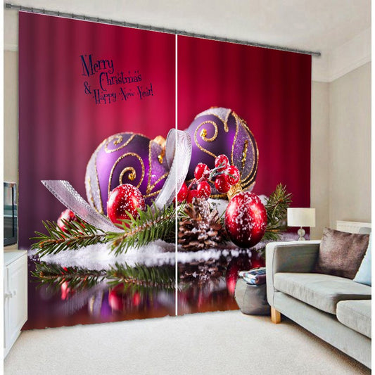3D-Vorhang „Fröhlicher Weihnachtsbaum und Dekorationen“, bedruckt, dekorativ und verdunkelnd