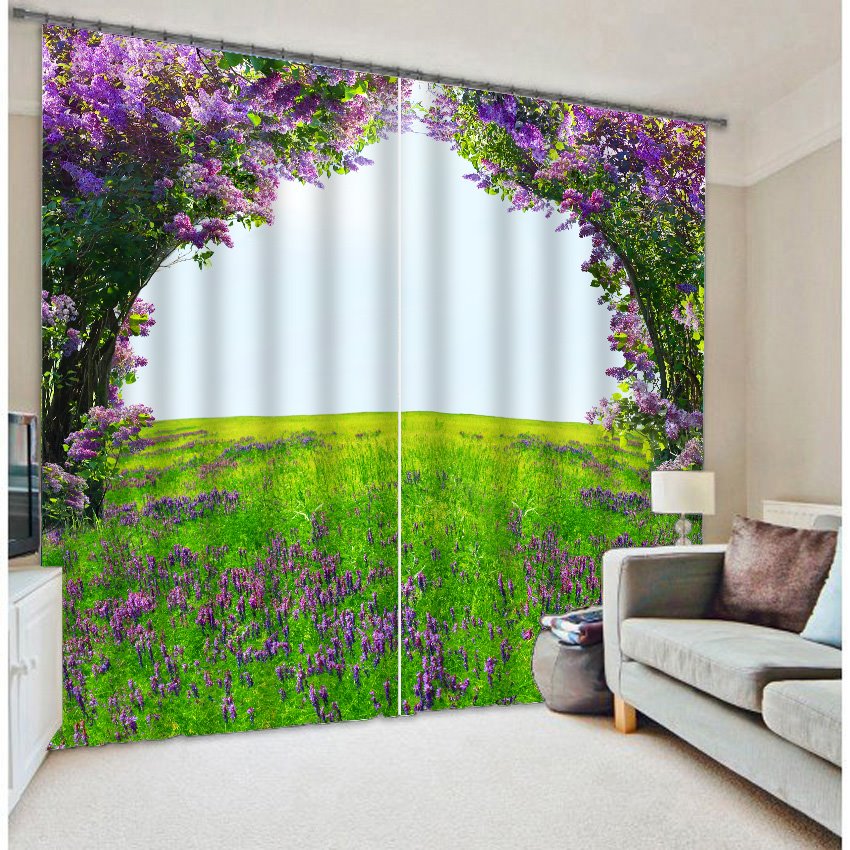 Romantischer 3D-Verdunkelungsvorhang mit violetter Blume und grünem Feld