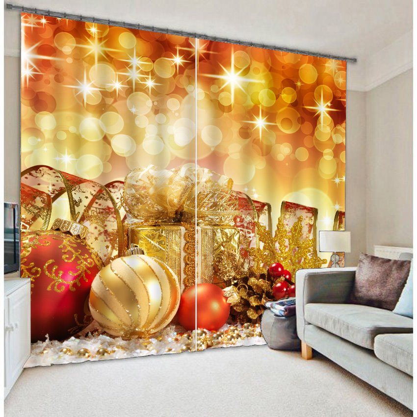 3D Golden Festival Ornaments Printed Two Panels Decorative Custom Polyester Curtain