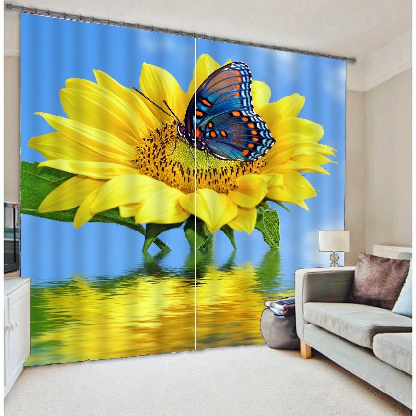 3D-Vorhang mit großer Sonnenblume und hübschem Schmetterling, bedruckt, dicker Polyester, zweiteilig, für Schlafzimmer