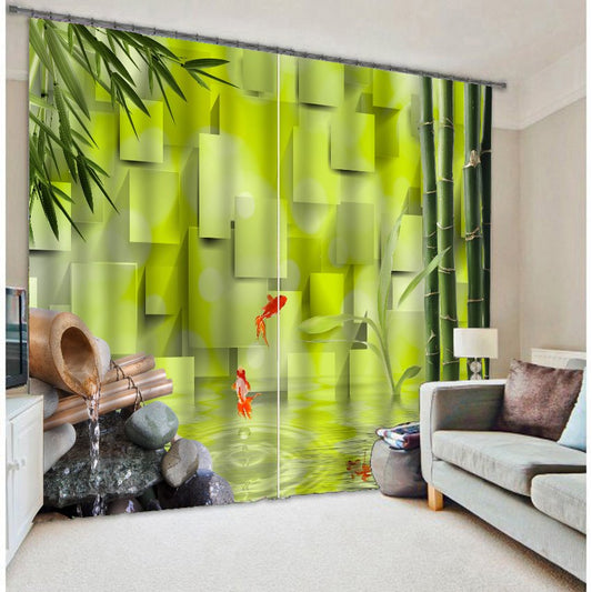 Benutzerdefinierter 3D-Vorhang aus bedrucktem Polyester mit grünen Naturlandschaften, Bambus und fließendem Wasser
