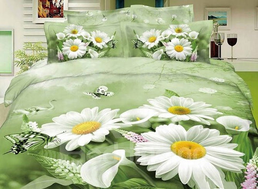 Pastoral Butterflies and Flowers Print Green 4-Piece Cotton Duvet Cover Sets