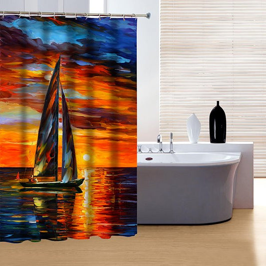 Ästhetisches Design, Ölgemälde, Blick auf den Sonnenuntergang und Segelboot, 3D-Duschvorhang 