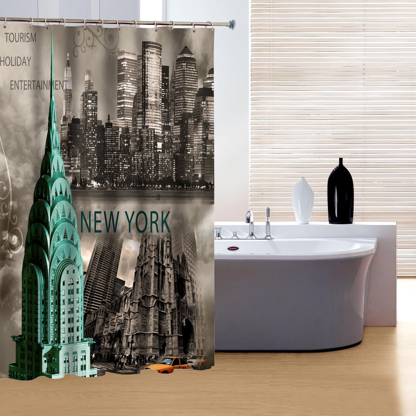 Cortina de ducha clásica con estampado 3D en blanco y negro de Nueva York