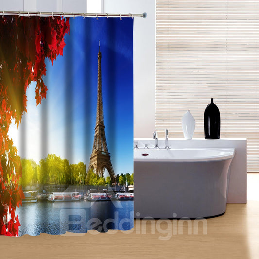 Cortina de ducha Encantadora y pacífica Torre Eiffel y hojas de arce en 3D