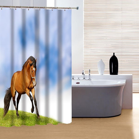 3D Running Horse Printed Polyester Light Blue Bathroom Shower Curtain