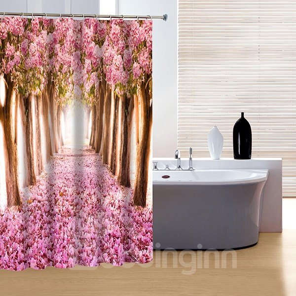 3D Pink Flowers and Trees Polyester Waterproof Antibacterial Eco-friendly Shower Curtain