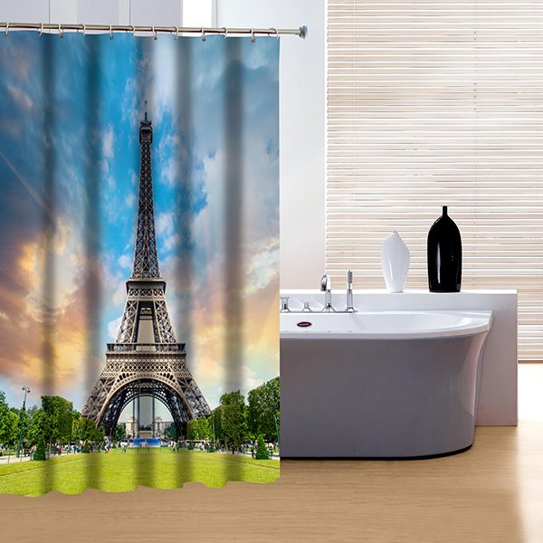 Moderner 3D-Duschvorhang mit friedlichem Stadtleben und Eiffelturm-Druck