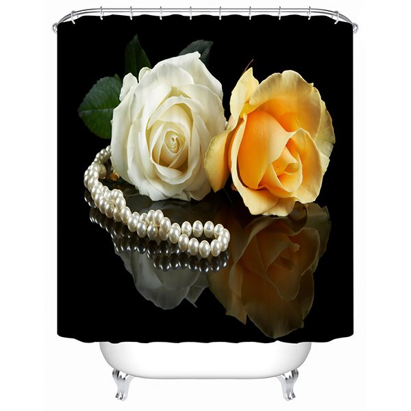 Edler, anmutiger 3D-Duschvorhang mit weißen und gelben Rosen und Perlenkette