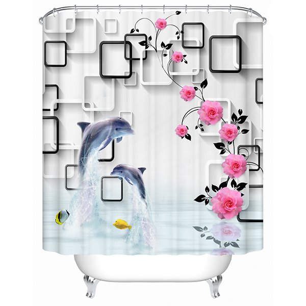 Cortina de ducha 3D concisa de dos delfines y flores rosadas de moda