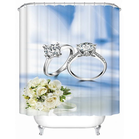 Cortina de ducha 3D con anillo de diamantes romántico y ramo de rosas