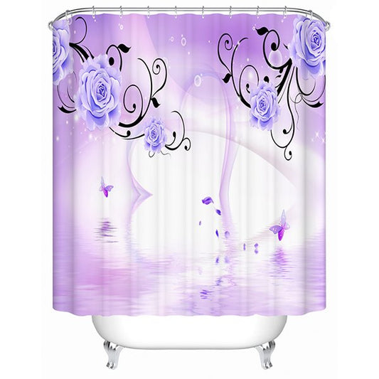 3D Heart Shape and Roses Printed Polyester Light Purple Shower Curtain
