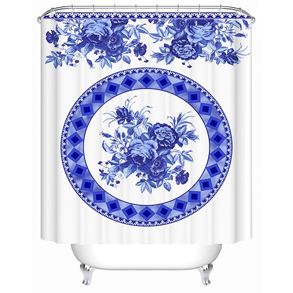 Cortina de ducha 3D con patrón de porcelana azul y blanca estilo chinoiserie