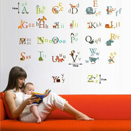 Letras creativas palabras ABC con animales de dibujos animados, pegatina de pared extraíble para guardería y habitación de niños 