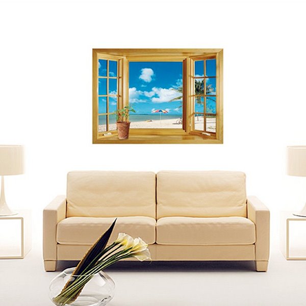 Wunderschöne Landschaft mit Palmen am Strand und klarem Meerblick aus dem Inneren eines abnehmbaren Wandaufklebers aus dem Fenster. Wundervoller abnehmbarer 3D-Wandaufkleber mit Blick auf den Strand und den blauen Himmel aus dem Fenster