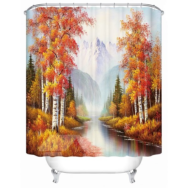 Peaceful Picturesque Snow Mountain and Birch Tree 3D Shower Curtain