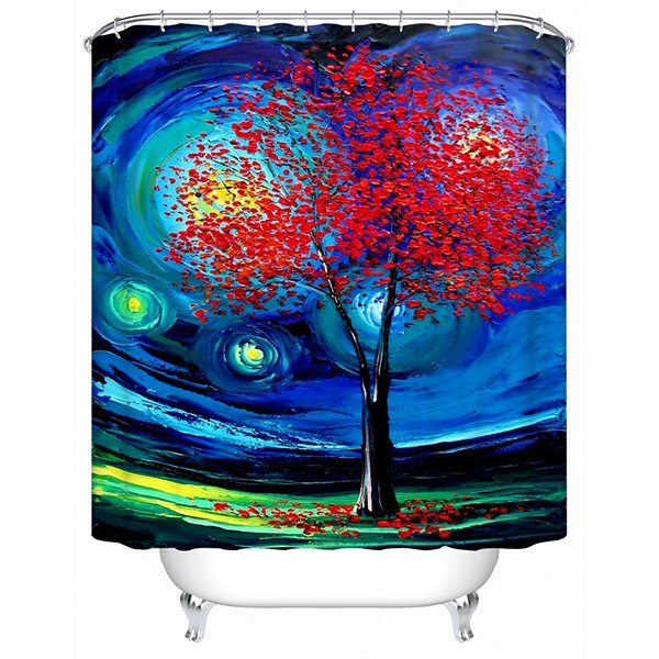 Cortina de ducha 3D con diseño creativo, espacio mágico único y árbol de hojas rojas