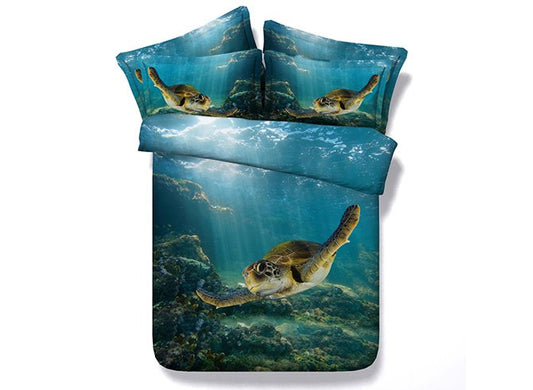 Bettwäsche-Set mit 3D-Schwimmschildkröte, blauer Ozean-Druck, 5-teiliges Bettdeckenset aus Polyester