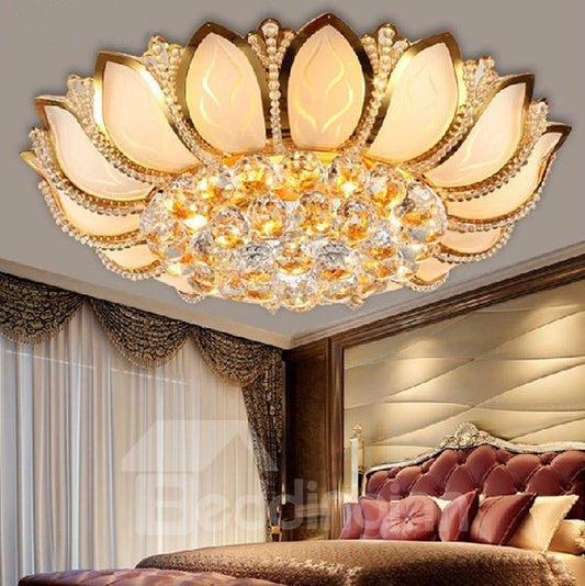 Stunning Golden Lotus Design Crystal Flush Mount