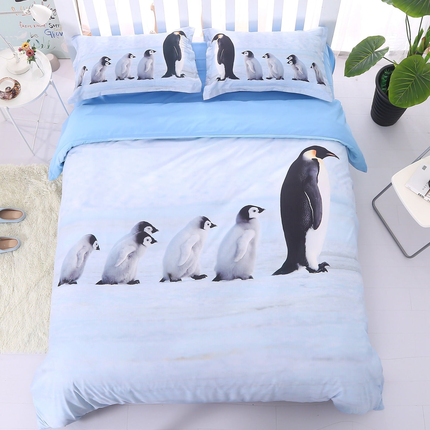 3D-Bettwäscheset mit einer Gruppe süßer Pinguine, hellblaues 5-teiliges Bettdeckenset