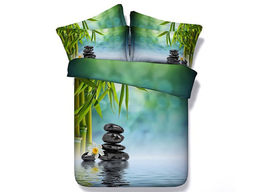 Juego de edredón / ropa de cama de 5 piezas con estampado de adoquines y bambú verde en 3D