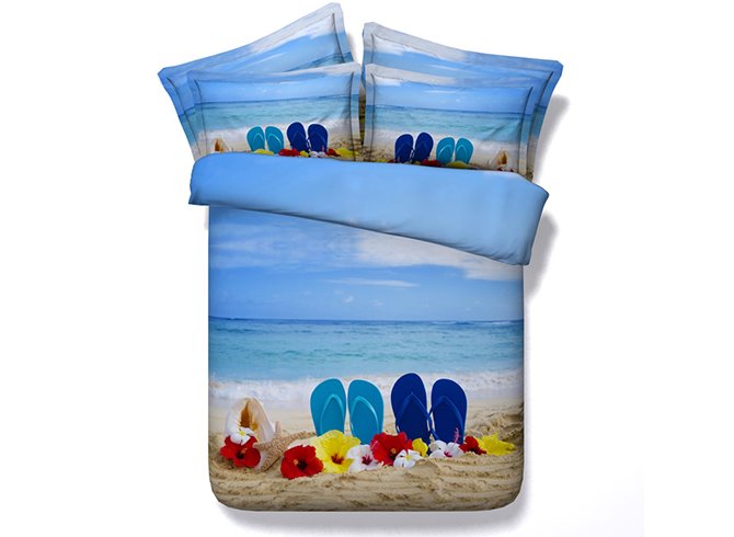 Slippers on the Beach Printed 4-Piece 3D Blue Bedding Set / Duvet Cover Set Polyester