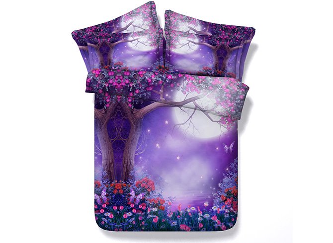 Dreamy Moon Tree and Flower Printed Polyester 4-Piece 3D Purple Bedding Sets/Duvet Covers