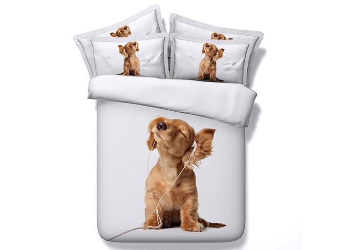 Puppy Listening to Music Duvet Cover Set Animal Printed 4-Piece White 3D Bedding Sets