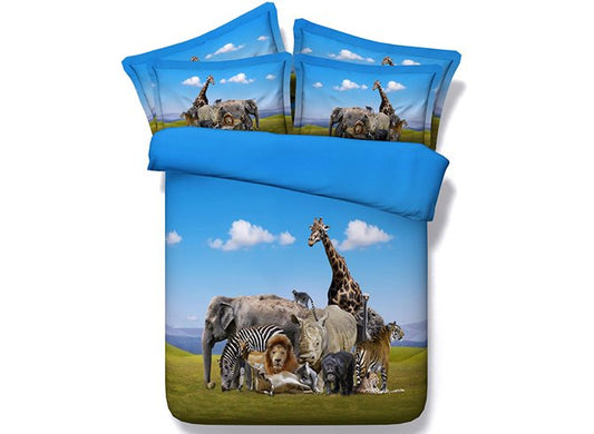 Menagerie Animal Under Blue Sky Bedruckte 3D-4-teilige Bettwäsche-Sets/Bettbezüge aus Polyester