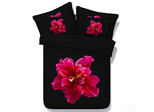Juegos de cama/funda nórdica de poliéster 3D con estampado de flores de color rosa intenso, 4 piezas, color negro