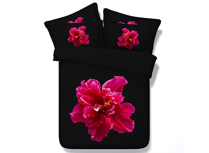 Hot Pink Flower Printed Polyester 3D 4-Piece Black Bedding Sets/Duvet Cover