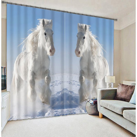 Cortina personalizada con estampado de caballos blancos al galope en 3D, paisaje animal