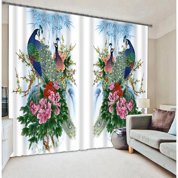 Orientalischer, traditioneller Verdunkelungsvorhang mit Pfauen und Blüten, bedruckt, individueller 3D-Vorhang im Tierstil