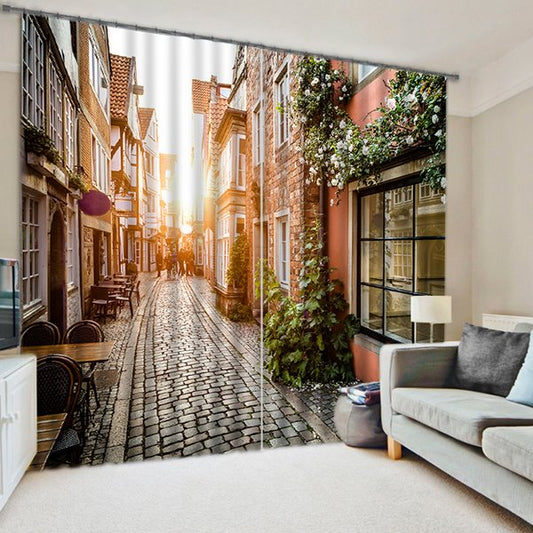 Cortina personalizada de estilo europeo con estampado de luz del sol y edificios de callejones en 3D para sala de estar