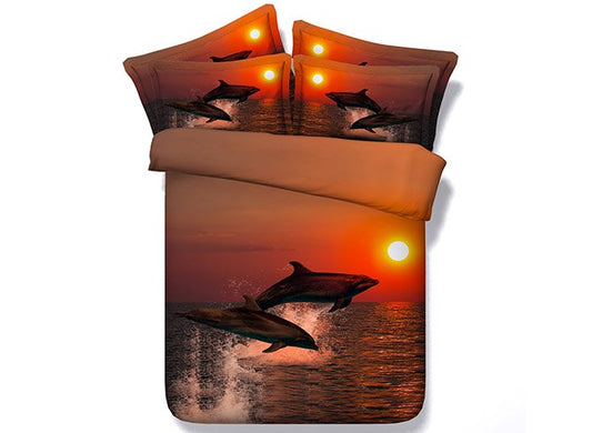 Springende Delfine bei Sonnenuntergang, bedrucktes 3D-4-teiliges 3D-Bettwäsche-Set/Bettbezüge aus Polyester