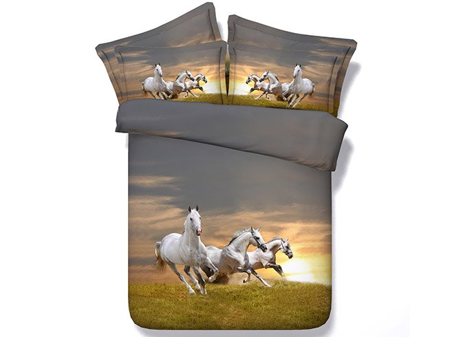 Juego de cama con estampado de animales en 3D de 4 piezas, juego de funda nórdica de poliéster con caballos blancos galopantes