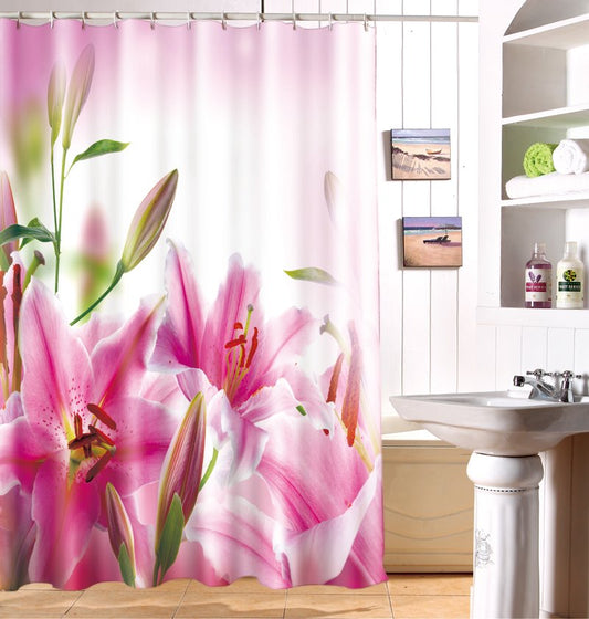 Cortina de ducha de baño 100% poliéster con lirio rosa floreciente de lujo