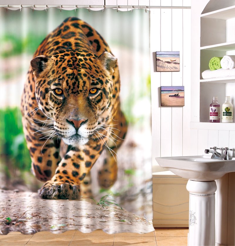 Cortina de ducha impermeable con imagen de leopardo con efecto especial 3D vívido