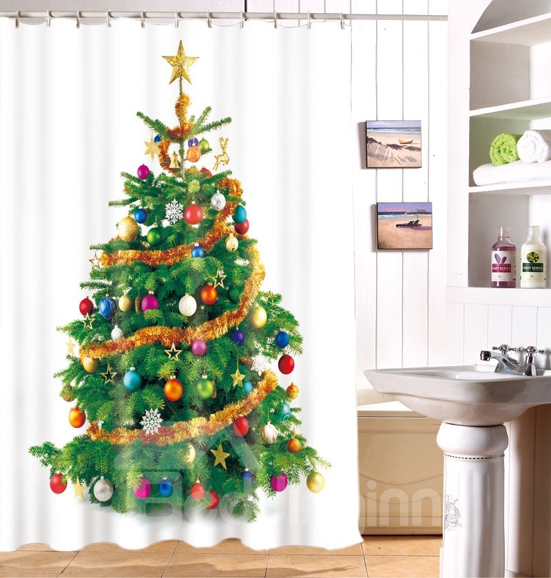 Cortina de ducha de poliéster con estampado de árbol de Navidad, jubilosamente brillante