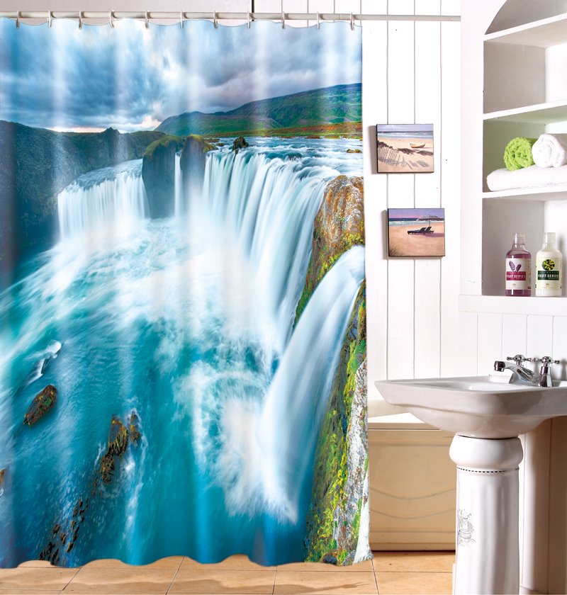 Hermosa cortina de ducha impermeable duradera con patrón de cascada vívida en 3D