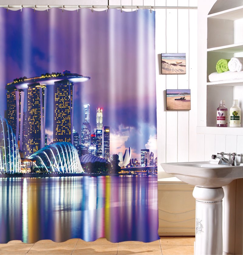 Cortina de ducha 3D de tela Dacron con escena moderna y elegante de la ciudad